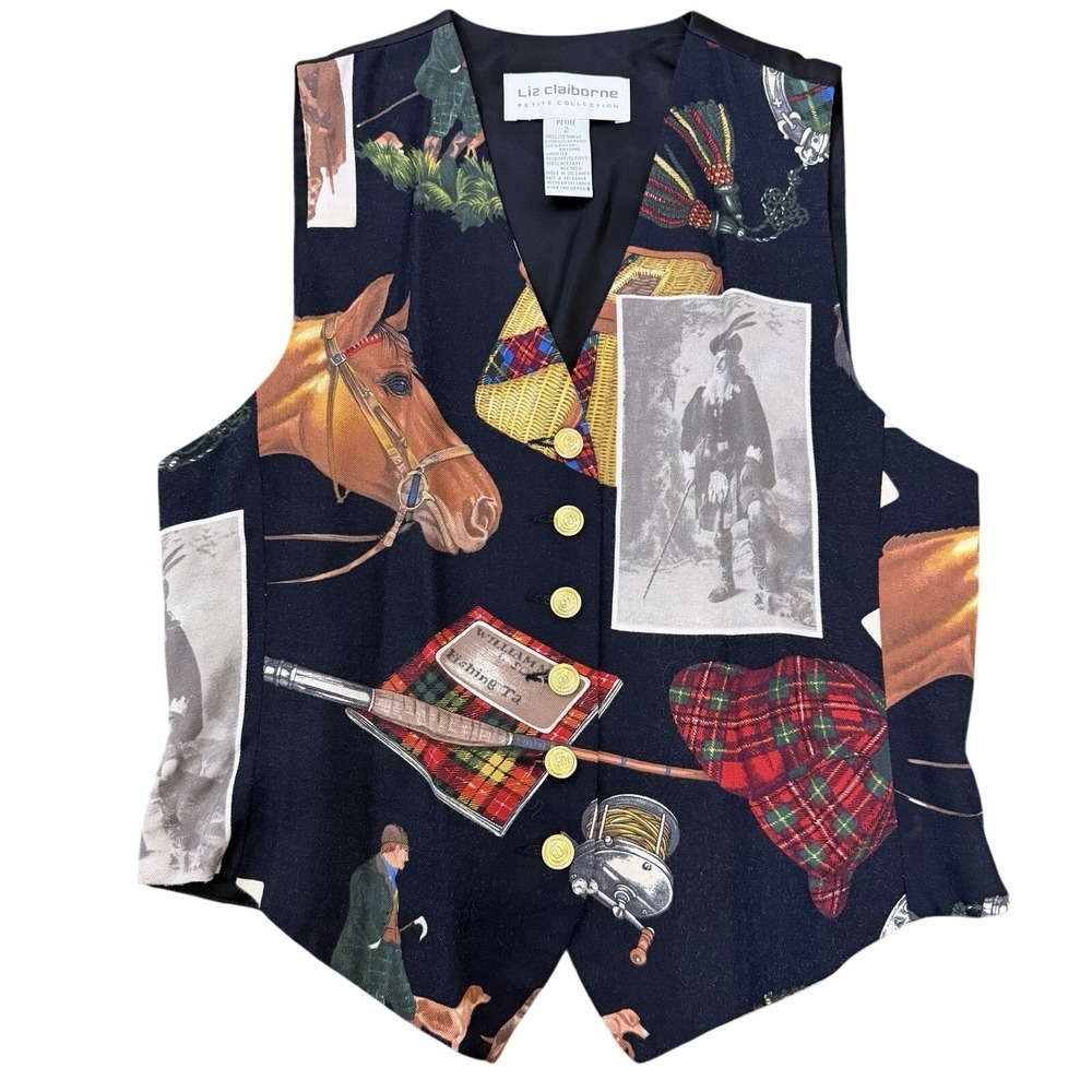 Vtg‎ Liz Claiborne Equestrian Hunting Vest Sz 2 Petite Black Horse Scottish